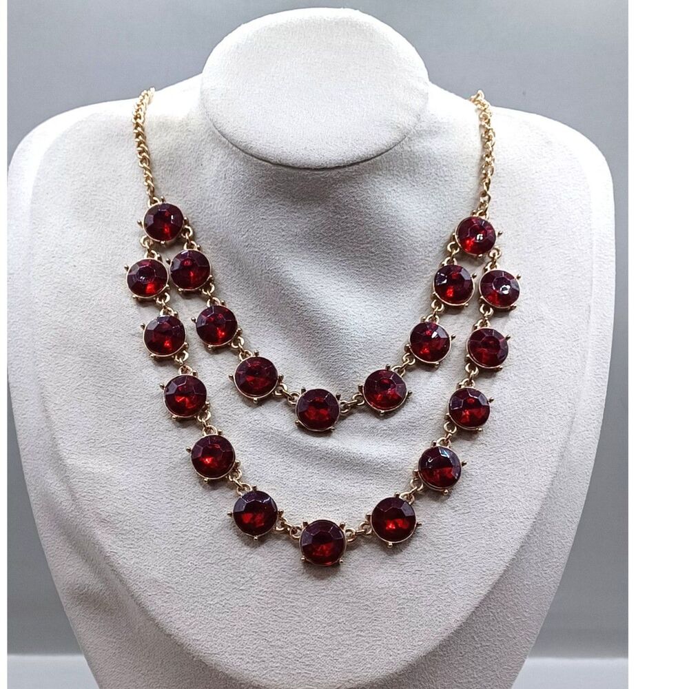 Vintage Designer Signed Vera Wang, Two Strand Collar Necklace of Deep Red & Gold